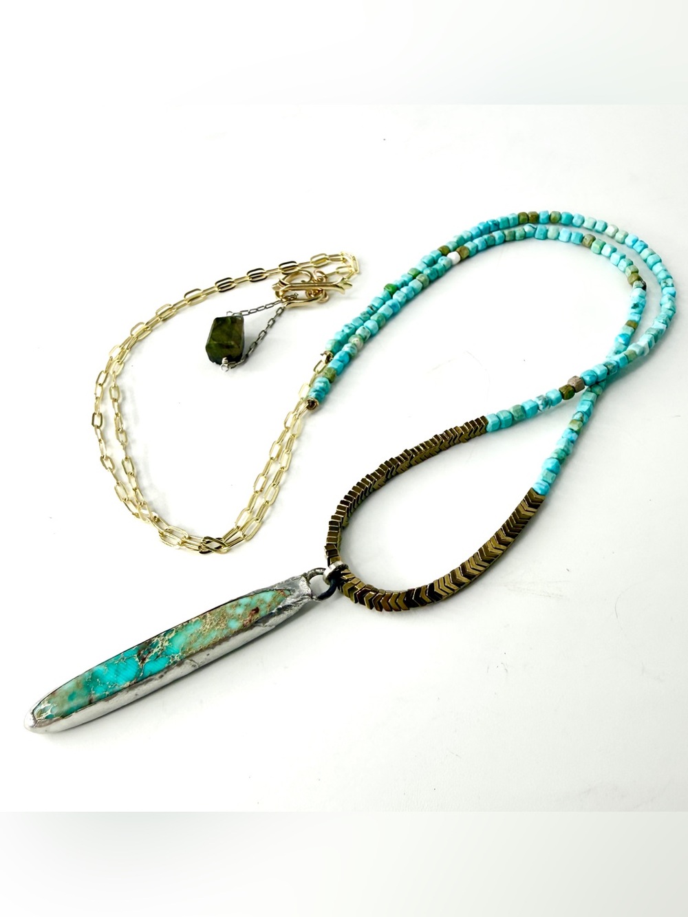 Long Turquoise Necklace, Wrap Necklace, Vintage Hand Soldered Pendant
